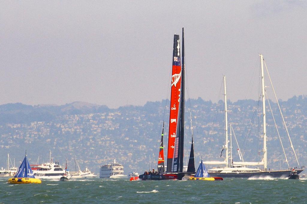 Oracle Team USA v Emirates Team New Zealand. America’s Cup Day 5 San Francisco. Emirates Team NZ regroups after near capsize and Oracle Team USA passes ahead © Richard Gladwell www.photosport.co.nz